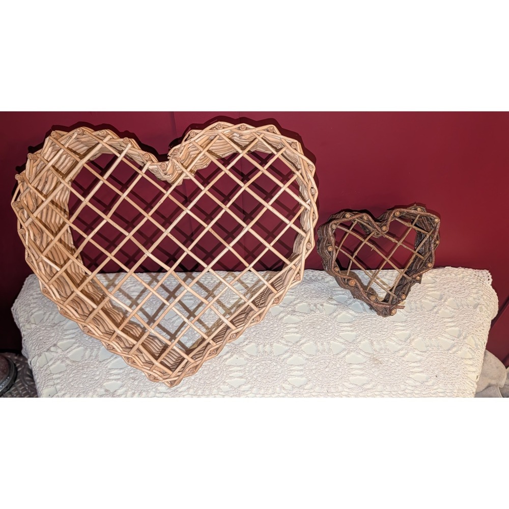 Vintage Lot 14" 7" Wooden Twig Vine Rustic Heart Shaped Basket Cottagecore Decor - Picture 2 of 10